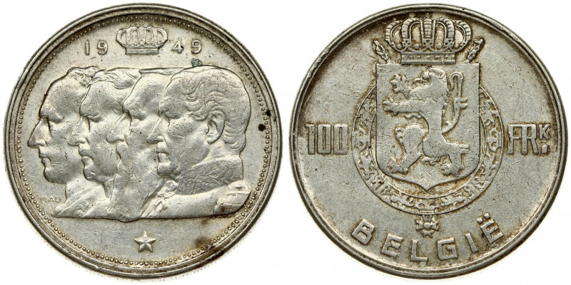 Belgium 100 Francs 1949 Leopold III (1934-1950). Obverse: Crowned arms within wr...