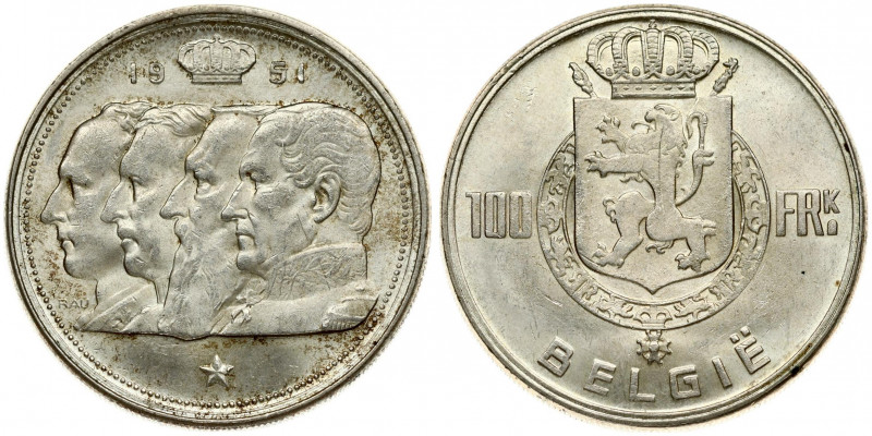 Belgium 100 Francs 1951 Leopold III (1934-1950). Obverse: Crowned arms within wr...