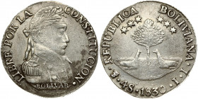 Bolivia 4 Soles 1830PTS JL Obverse: Additional mint mark on lower part of island. Reverse: Uniformed bust right. Silver. KM 96