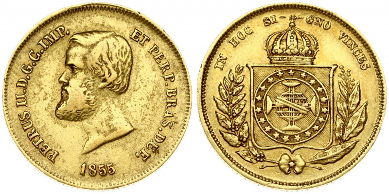 Brazil 5000 Reis 1855 Pedro II(1831-1889).Obverse: Head left. Reverse: Crowned a...
