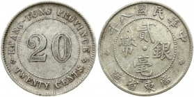 China Kwangtung Province 20 Cents (1919) Obverse: Four Chinese ideograms read top to bottom; right to left; all surrounded by more ideograms. Reverse:...