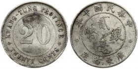 China Kwangtung Province 20 Cents (1921) Obverse: Four Chinese ideograms read top to bottom; right to left; all surrounded by more ideograms. Reverse:...