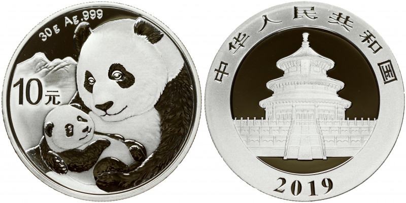 China 10 Yuan 2019 Panda; Silver Bullion. Obverse: Temple of Heaven with the cou...