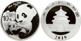China 10 Yuan Panda 2019 Obverse: Temple of Heaven with the country name above and the date below. People's Republic of China 2019. Reverse: Two panda...