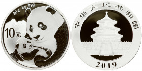 China 10 Yuan 2019 Panda. Obverse: Temple of Heaven with the country name above and the date below. Reverse: Two pandas to the left of the denominatio...
