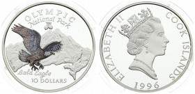 Cook Islands 10 Dollars 1996 Olympic National Park. Obverse: Crowned head right; date below. Reverse: Multicolor Bald eagle in flight over mountain to...