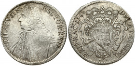 Croatia Ragusa 1 Tallero 1760 Obverse: Bust left. Obverse Legend: RECTOR • REI •RHACVSIN •. Reverse: Crowned ornate arms. Reverse Legend: DVCAT • ET •...