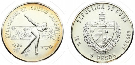 Cuba 5 Pesos 1986 Obverse: National arms within wreath; denomination below. Reverse: Skater. Silver. KM 139.1