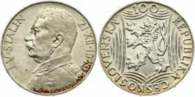 Czechoslovakia 100 Korun 1949 70th Birthday - Josef Stalin. Obverse: Czech lion with Slovak shield within lined frame; denomination above. Reverse: Un...