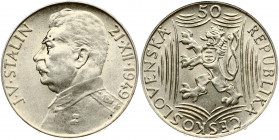 Czechoslovakia 50 Korun 1949 70th Birthday - Josef Stalin. Obverse: Czech lion with Slovak shield within lined frame; denomination above. Reverse: Uni...