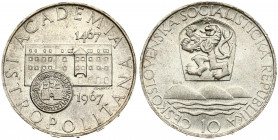 Czechoslovakia 10 Korun 1967 500th Anniversary - Bratislava University. Obverse: Czech lion with socialist shield above stylized three mountains and r...