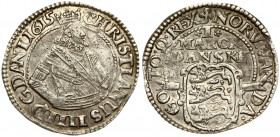 Denmark 1 Mark 1615 Christian IV (1588-1648). Obverse: Crowned half-bust of King facing right within rope circle. King's right arm is on the hip. Lege...
