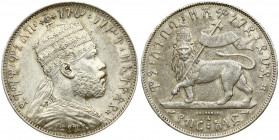 Ethiopia 1/2 Birr 1887-1889 (1895-1897) Menelik II (1889-1913). Obverse: Emperor Menelik II Bust Facing Right. Reverse: Lion of Judah: Crowned lion ca...