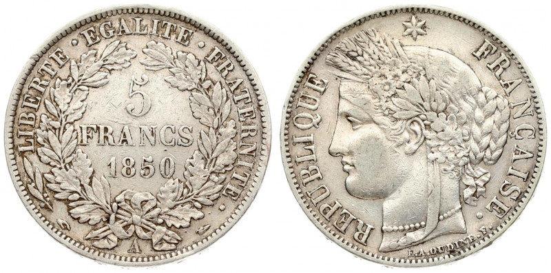 France 5 Francs 1850A Obverse: Liberty head with grain wreath left. Reverse: Den...