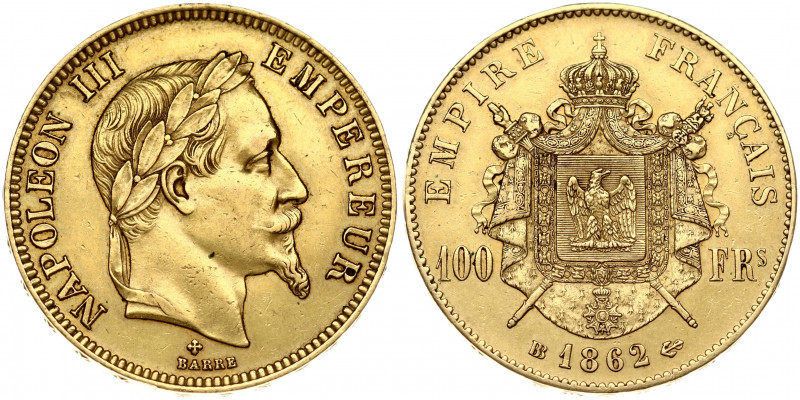 France 100 Francs 1862BB Napoleon III(1852-1870). Obverse: Laureate head right. ...