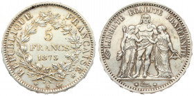 France 5 Francs 1873K Obverse: Hercules group. Reverse: Denomination within wreath. Silver. KM 820.2