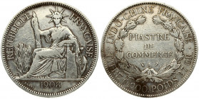 France French Indo-China 1 Piastre 1908A Obverse: Liberty seated left with fasces. Reverse: Denomination within wreath. Reverse Legend: TITRE 0.900 PO...