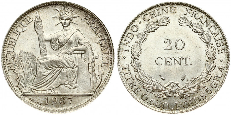 French Indo-China 20 Cents 1937(a) Obverse: Liberty seated; date below. Reverse:...