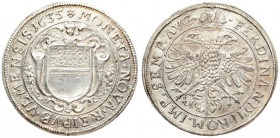 Germany ULM 1 Thaler 1635 HL Obverse: Angel head above pointed shield; flowers and cornucopia beside; HL below. Reverse: Crown above double-headed imp...