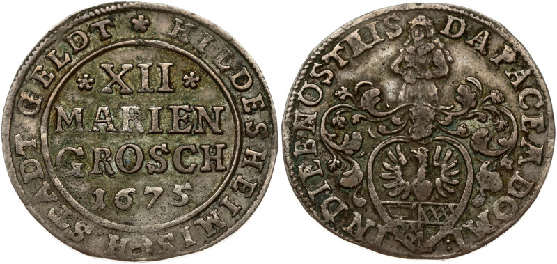 Germany Hildesheim 12 Mariengroschen 1675 Obverse: Spade shaped city arms; helme...