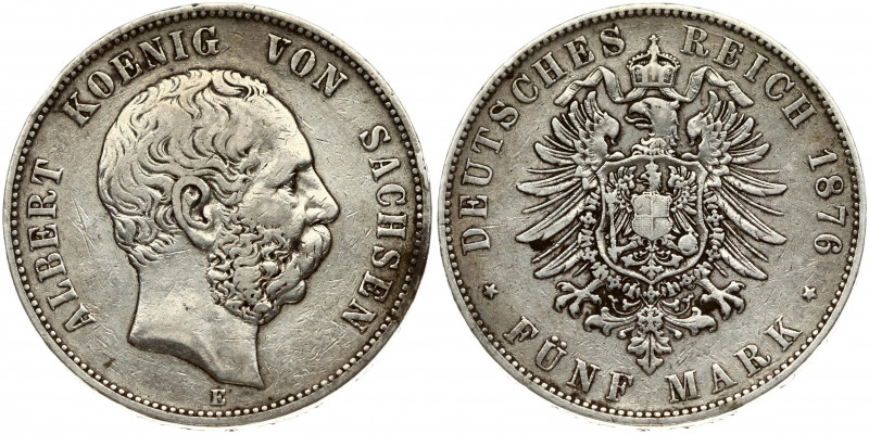 Germany SAXONY 5 Mark 1876E Albert(1873 - 1902 ). Obverse: Head right. Obverse L...