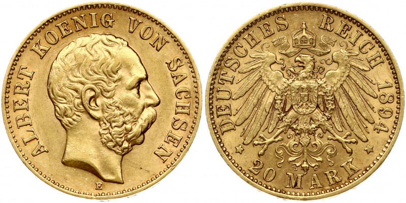 Germany SAXONY 20 Mark 1894E. Albert I (1873-1902). Obverse: Head right. Obverse...