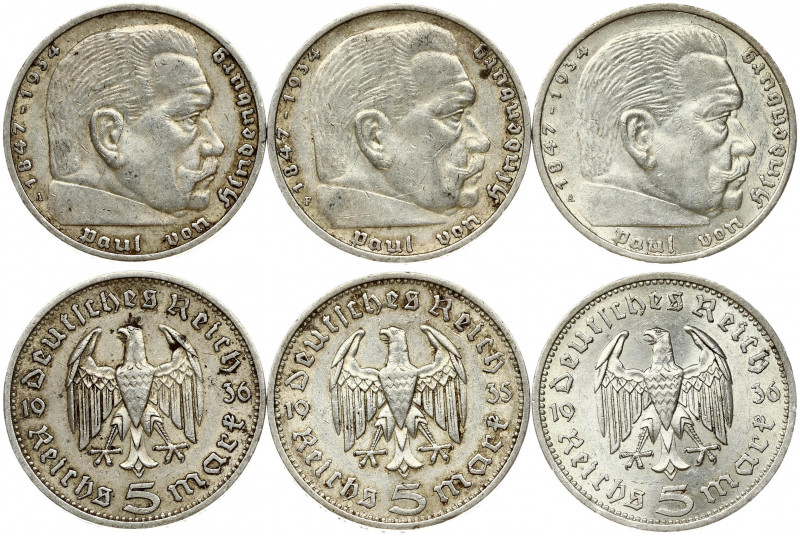 Germany Third Reich 5 Reichsmark (1935F & 1936A) Obverse: Eagle divides date; de...