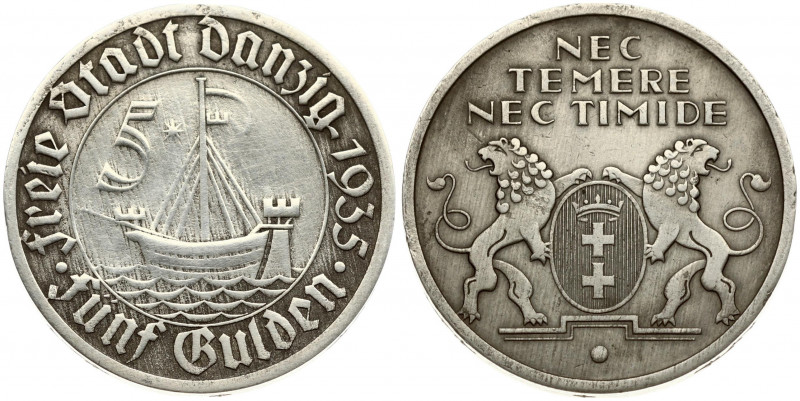 Germany Danzig 5 Gulden 1935 Obverse: Ship with three crowns asea; numeric denom...