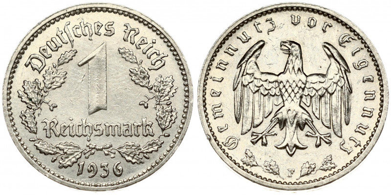 Germany Third Reich 1 Reichsmark 1936F Obverse: Denomination within wreath; date...