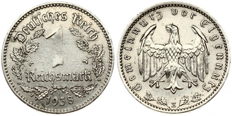 Germany Third Reich 1 Reichsmark 1938E Obverse: Denomination within wreath; date...