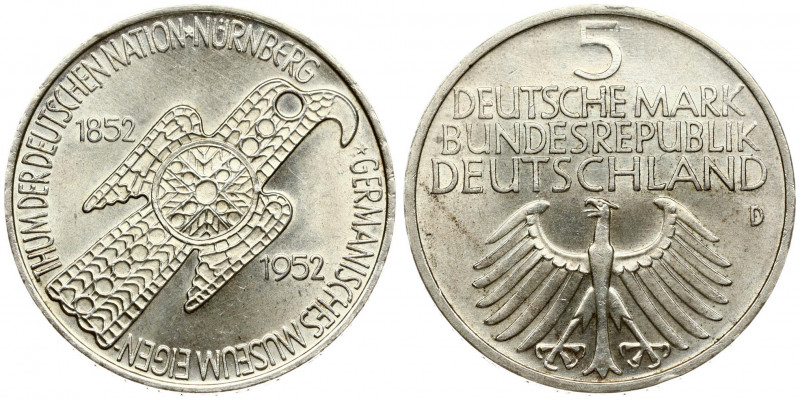 Germany Federal Republic 5 Mark 1952D Centenary - Nürnberg Museum. Obverse: Eagl...