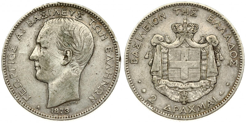 Greece 2 Drachmai 1873A George I(1863-1913). Obverse: Head left. Reverse: Arms w...