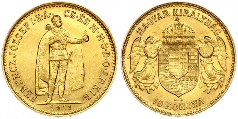 Hungary 10 Korona 1911KB Franz Joseph I(1848-1916). Obverse: Emperor standing. R...