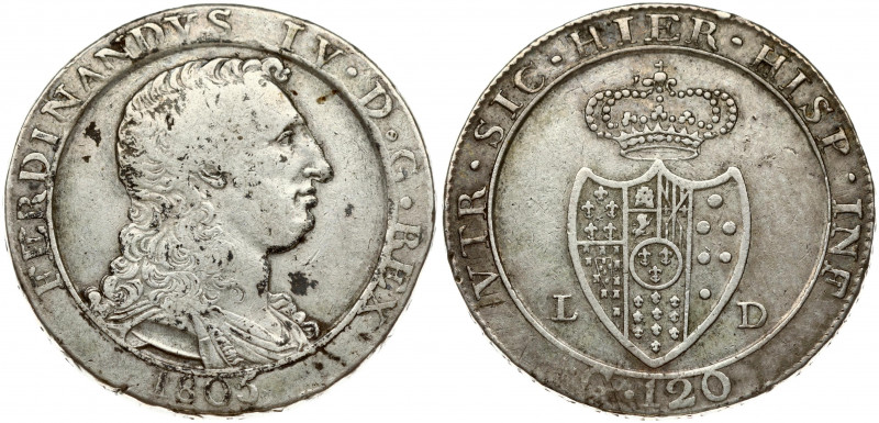 Italy NAPLES 120 Grana 1805 LD Ferdinando IV(1759-1816). Obverse: Large armored ...