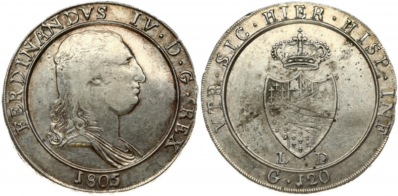 Italy NAPLES 120 Grana 1805 LD Ferdinando IV(1759-1816). Obverse: Large armored ...