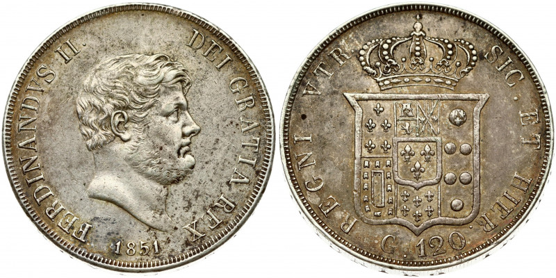 Italy NAPLES 120 Grana 1851 Ferdinando II(1830-1859). Obverse: Mature barded hea...