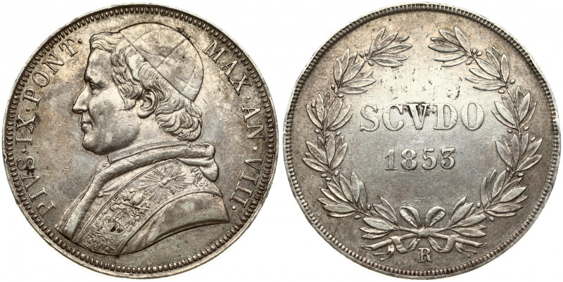 Italy PAPAL STATES 1 Scudo 1853-VIIIR Pius IX (1846-1870). Obverse: Bust left; w...