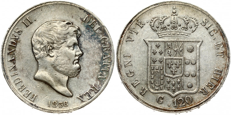 Italy NAPLES 120 Grana 1856 Ferdinando II(1830-1859). Obverse: Mature barded hea...