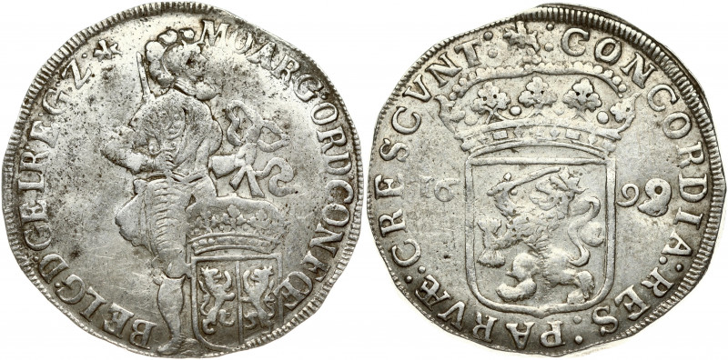 Netherlands GELDERLAND 1 Silver Ducat 1699/8 Obverse: Knight standing right; cro...