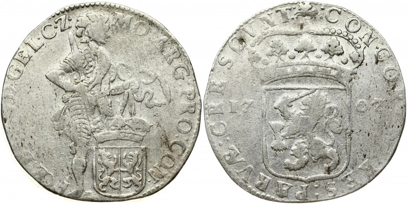 Netherlands GELDERLAND 1 Silver Ducat 1707 Obverse: Knight standing; small arms ...