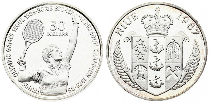 Niue 50 Dollars 1987 Tennis. Obverse: Crowned arms within sprigs. Reverse: Boris...