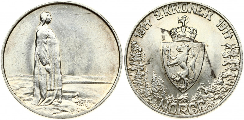 Norway 2 Kroner 1914 Constitution centennial. Haakon VII (1905-1957). Obverse: C...