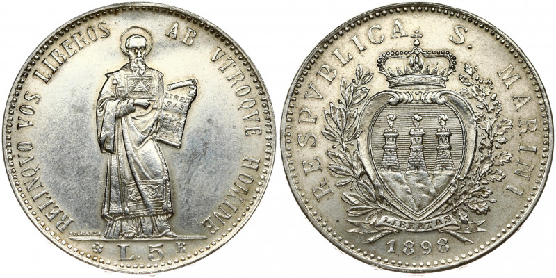 San Marino 5 Lire 1898R Obverse: Crowned arms within wreath; date below. Obverse...