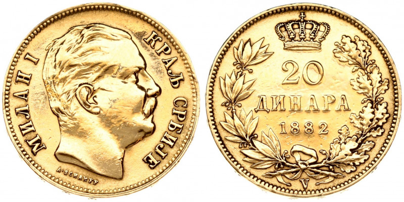 Serbia 20 Dinara 1882V Milan I(1868-1882). Obverse: Head right. Obverse Legend: ...