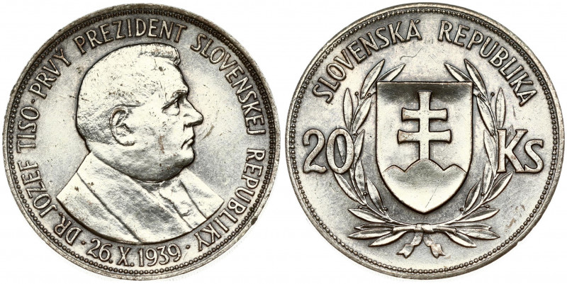 Slovakia 20 Korun 1939 Jozef Tiso Obverse: Double cross on shield within wreath ...