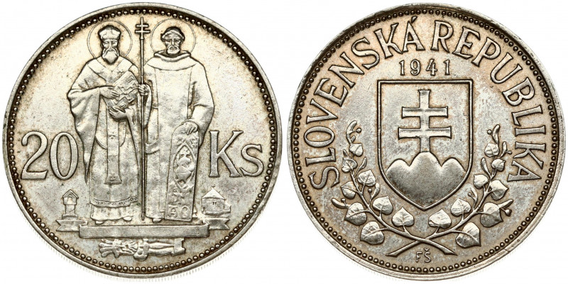 Slovakia 20 Korun 1941 St Kyrill and St Methodius. Obverse: Double cross on shie...