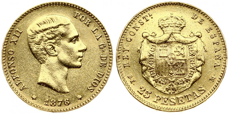 Spain 25 Pesetas 1876 (78) DE-M Alfonso XII(1874-1885). Obverse: Young head righ...