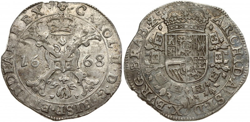 Spanish Netherlands BRABANT 1/2 Patagon 1668 Brussels. Charles II (1665-1700). O...