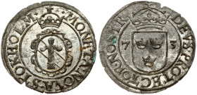 Sweden 2 Ore 1573 w/o denomination. John III (1568-1592) Obverse: Crowned ornate oval shield with Vasa arms divides denomination (if present) at both ...