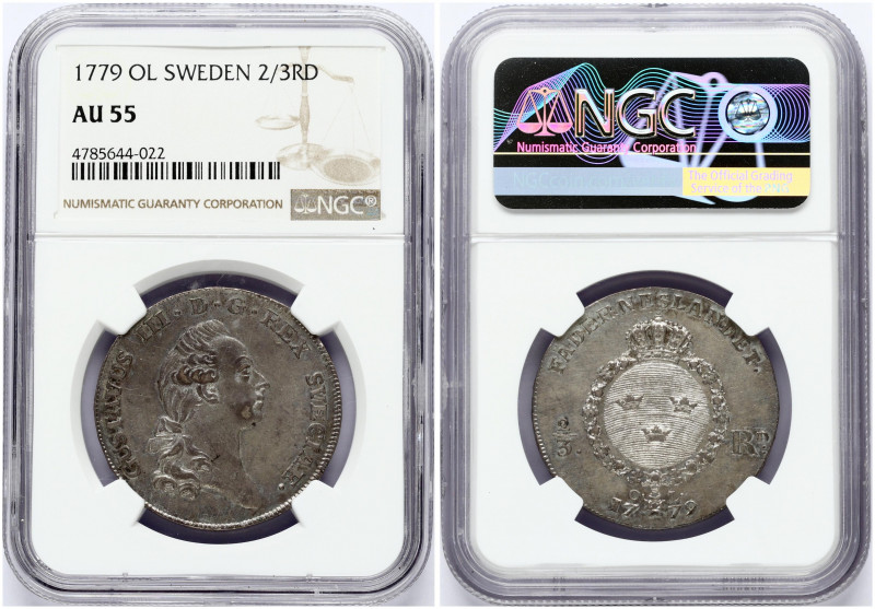 Sweden 2/3 Riksdaler 1779 OL Gustaf III(1771-1792). Obverse: Head right. Obverse...